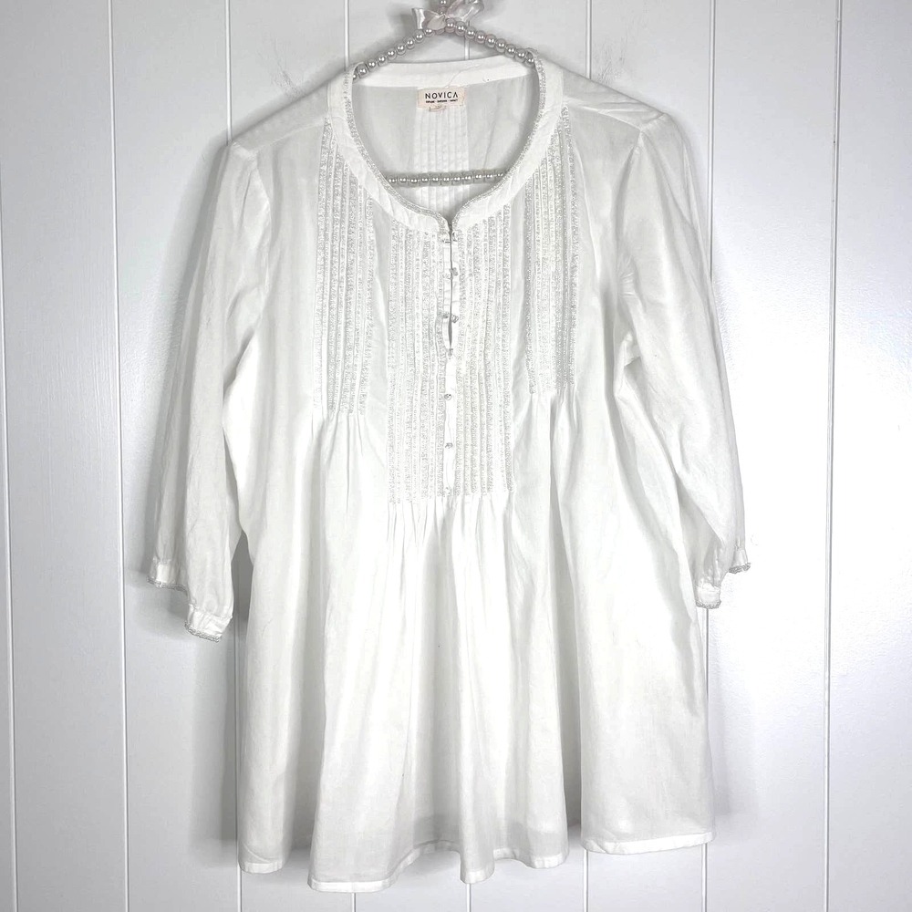 Novica 100% Cotton Beaded Tunic Top 3/4 length‎ Sleeves SZ M
